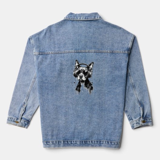 Cool Dog hoofdtelefoon Schattige Huisdieren Zwart Denim Jacket (Achterkant)