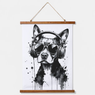 Cool Dog hoofdtelefoon Schattige Huisdieren Zwart Hangend Wandkleed
