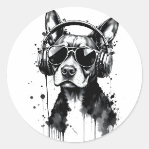 Cool Dog hoofdtelefoon Schattige Huisdieren Zwart Ronde Sticker