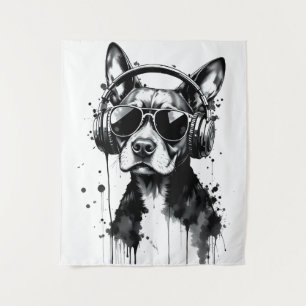 Cool Dog hoofdtelefoon Schattige Huisdieren Zwart Wandkleed