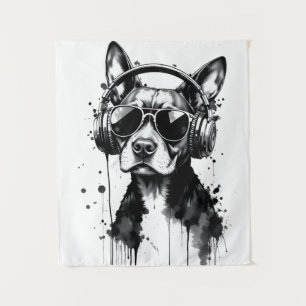 Cool Dog hoofdtelefoon Schattige Huisdieren Zwart Wandkleed