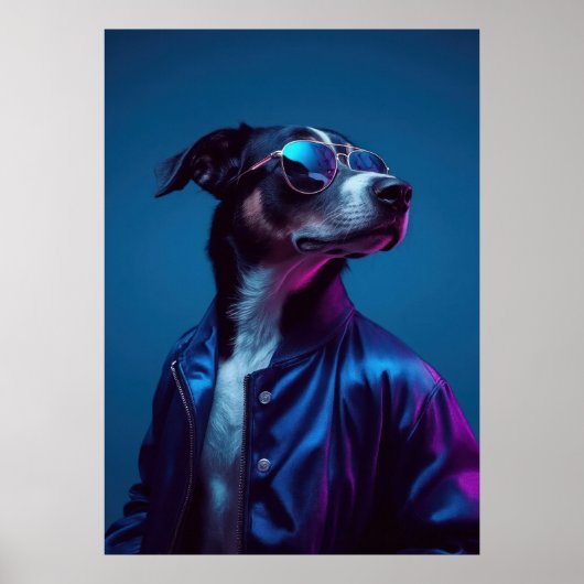 Cool Dog in Blue Jacket - Retro Neon Animal Poster (Voorkant)
