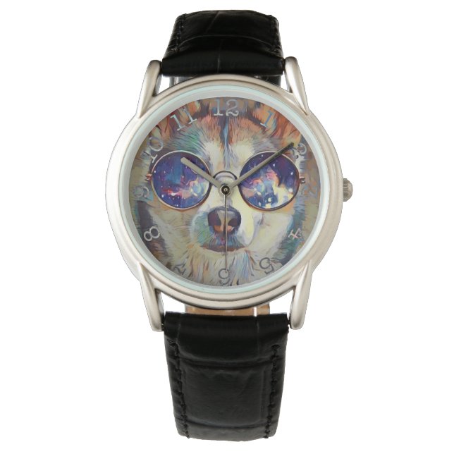 Cool Dog - kroonbeschermer zwarte lederen horloge (Voorkant)
