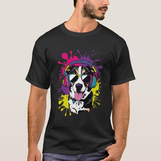 Cool Dog met hoofdtelefoon Pop Art Design T-shirt (Voorkant)