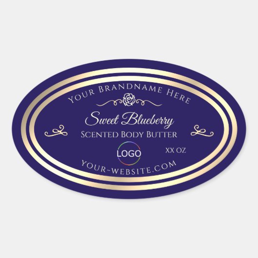 Cool Donkerblauw Product Label Goud Lijst met Logo (Voorkant)