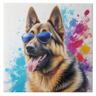 Cool Duitse Herder Dragen Zonnebril Splash Art Tegeltje
