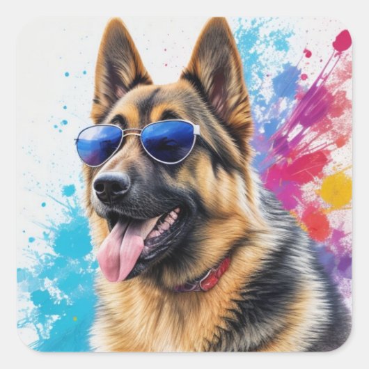 Cool Duitse Herder Dragen Zonnebril Splash Art Vierkante Sticker (Voorkant)