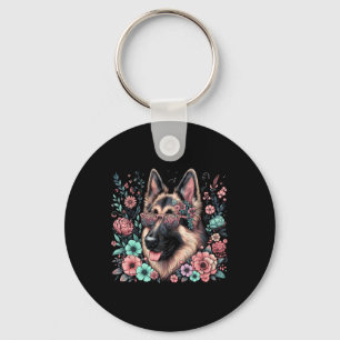 Cool Duitse Herder Hond Floral Art Style Kerstmis Sleutelhanger