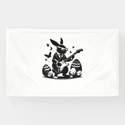 Cool Easter Rabbit Spelen Gitaar Schattige Bunny E Spandoek (Horizontaal)
