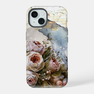 Cool Edgy Shabby Vintage Rozen op Gescheurd Papier iPhone 15 Case