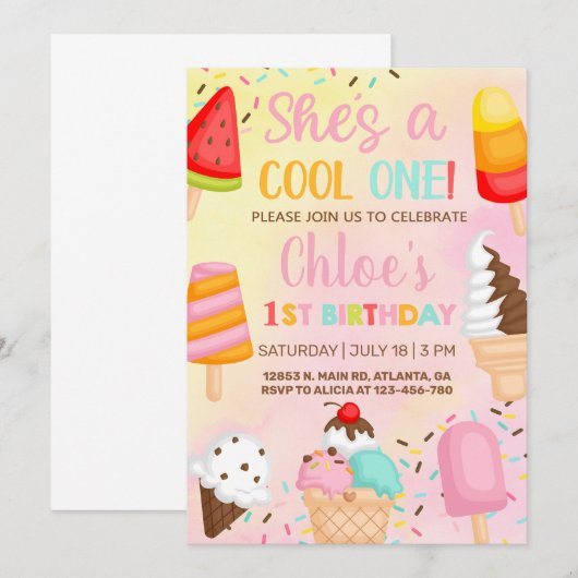 Cool Een 1e, eerste meisje verjaardag popsicle uit Kaart (Voorkant / Achterkant)