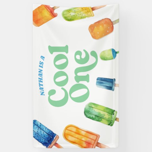 Cool Een Blauw Retro Popsicle 1e Verjaardagsfeest Spandoek (Verticaal)