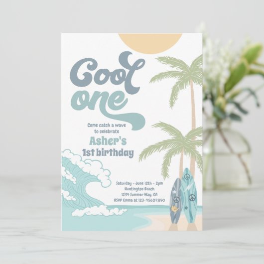 Cool Een Retro Surf 1e Verjaardagsfeest Kaart (Staand voorkant)