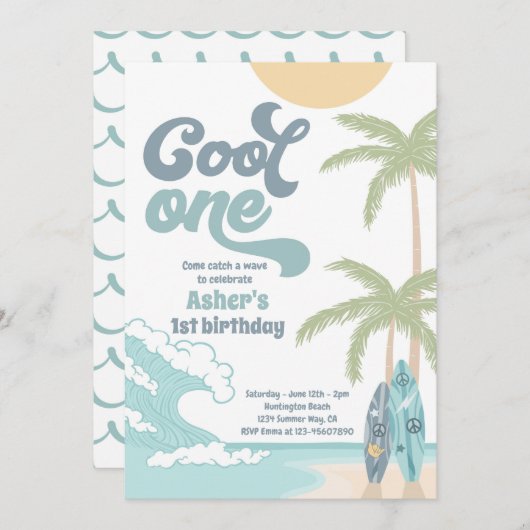 Cool Een Retro Surf 1e Verjaardagsfeest Kaart (Voorkant / Achterkant)