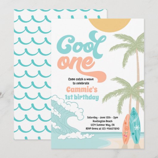 Cool Een Retro Surf 1e Verjaardagsfeest Kaart (Voorkant / Achterkant)