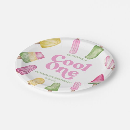 Cool Een Roze Retro Popsicle 1e Verjaardagsfeest Papieren Bordje (Gekanteld)