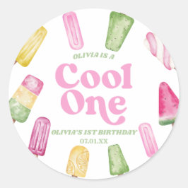 Cool Een Roze Retro Popsicle 1e Verjaardagsfeest Ronde Sticker