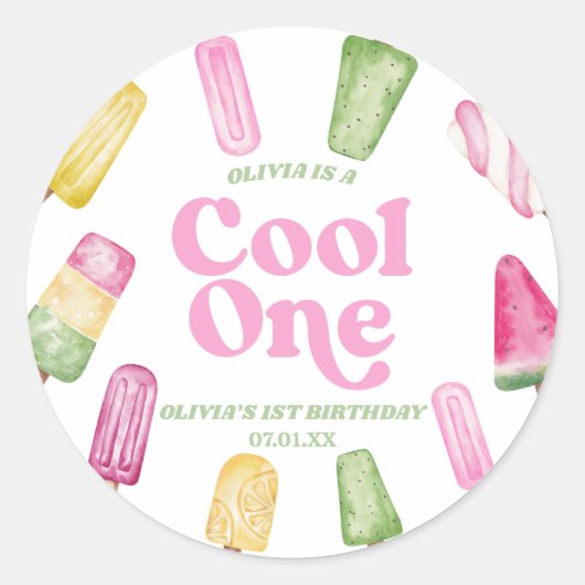Cool Een Roze Retro Popsicle 1e Verjaardagsfeest Ronde Sticker (Voorkant)
