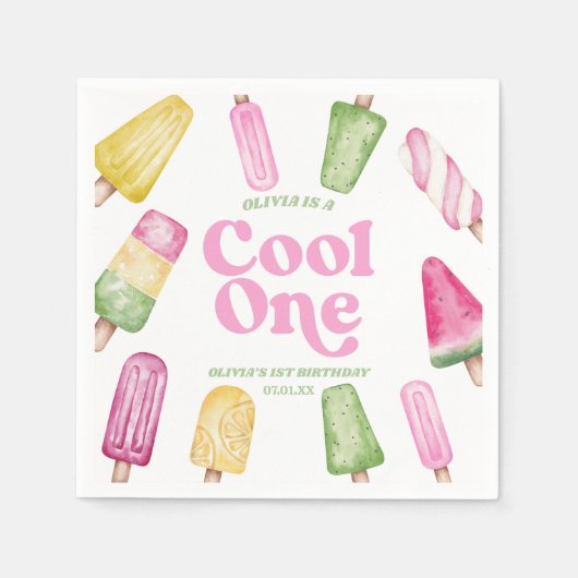 Cool Een Roze Retro Popsicle 1e Verjaardagsfeest Servet (Voorkant)