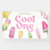 Cool Een Roze Retro Popsicle 1e Verjaardagsfeest Spandoek (Horizontaal)