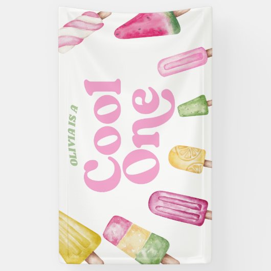 Cool Een Roze Retro Popsicle 1e Verjaardagsfeest Spandoek (Verticaal)