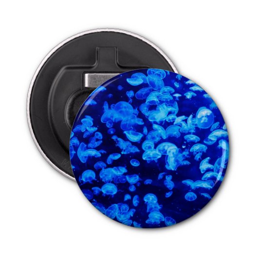 Cool Electric Blue Jellyfish in Deep Blue Zee Button Flesopener (Voorkant)