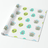 Cool Emoji Alien Ghost Robot Face Pattern Cadeaupapier (Uitgerold)