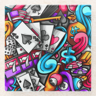 Cool en kleurrijke Las Vegas Casino Gokken Doodle Glazen Onderzetter