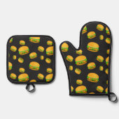 Cool en leuk lekker hamburgerpatroon donkergrijs ovenwant & pannenlap set (Voorkant)