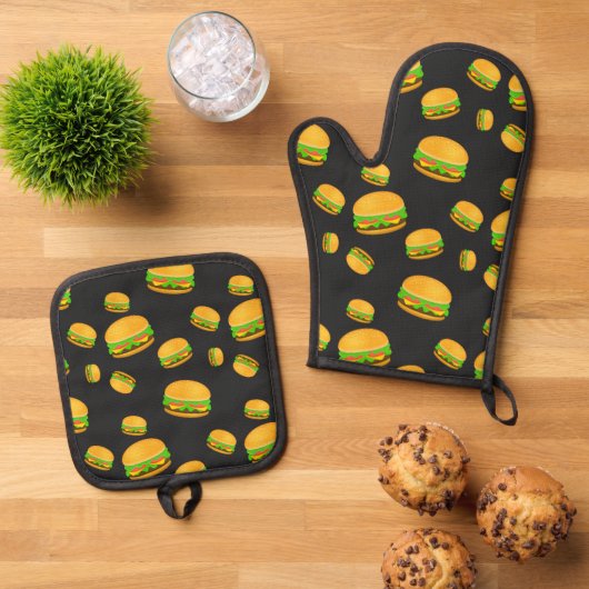 Cool en leuk lekker hamburgerpatroon donkergrijs ovenwant & pannenlap set (Top down)