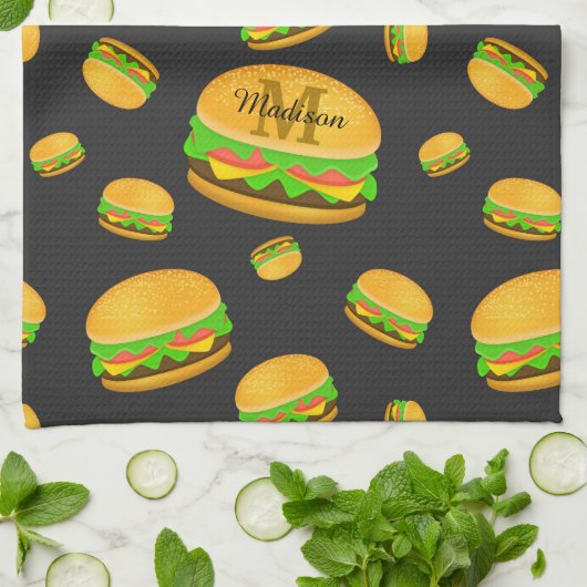 Cool en leuk smakelijk burgerpatroon Monogram Theedoek (Gevouwen)