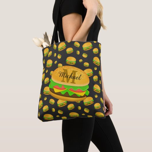 Cool en leuk smakelijk burgerpatroon Monogram Tote Bag (Dichtbij)
