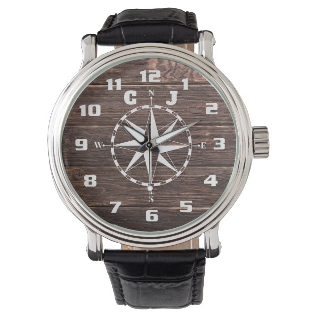 Cool en stijlvol Rustic Nautilus Kompas Monogram Horloge (Voorkant)