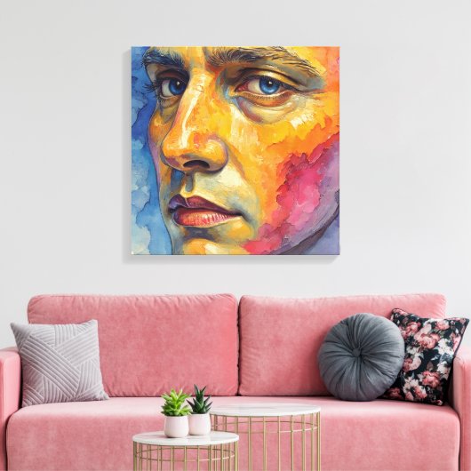 Cool Expressionist Face | Moody Blue Abstract Canvas Afdruk (Insitu (Woonkamer))