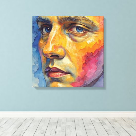 Cool Expressionist Face | Moody Blue Abstract Canvas Afdruk (Insitu (Houten vloer))
