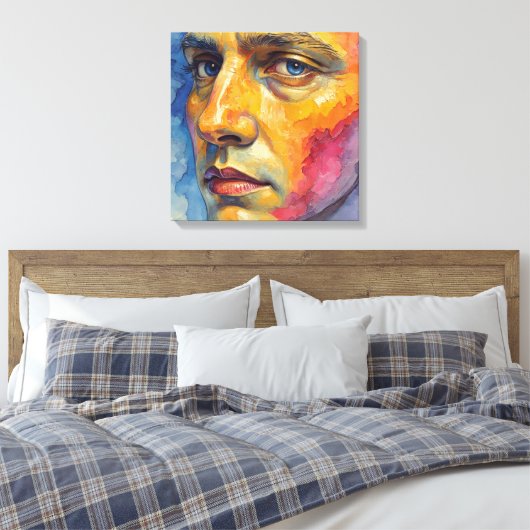 Cool Expressionist Face | Moody Blue Abstract Canvas Afdruk (Insitu (Slaapkamer))