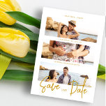 Cool Fake Golden Romantic Wedding 3 Multi Photos Save The Date<br><div class="desc">Cool Fake Golden Effect Romantic Wedding 3 Multi Photos Collage Save the Date with Envelope. Downloadbaar. QR-code. BELANGRIJKE OPMERKING: dit ontwerp maakt deel uit van een collectie en heeft andere gecoördineerde elementen die je in mijn winkel kunt vinden. Soms kan het moeilijk zijn om te verdoven en teksten of initialen...</div>