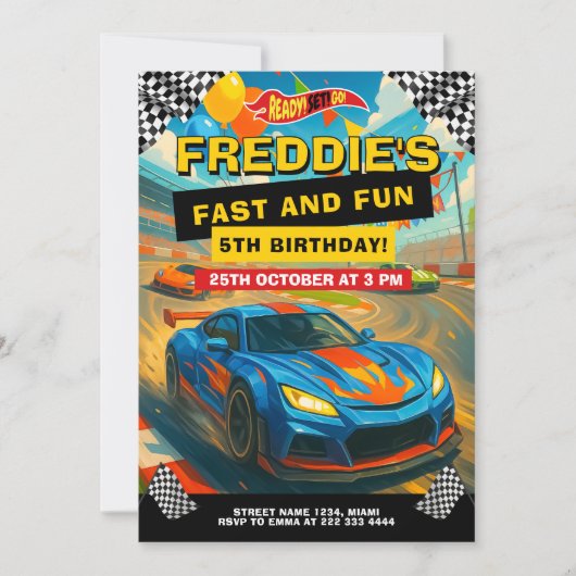 Cool Fast Race Auto Verjaardagsfeest Kaart (Voorkant)