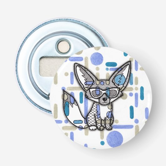 Cool Fennec Fox with Sunglasses Blue Geometric Bot Button Flesopener (Voorkant)