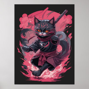 Cool Fire en Smoke Black Ninja Cat Warrior Poster