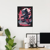 Cool Fire Splash Black Ninja Cat Warrior Poster (Thuiskantoor)