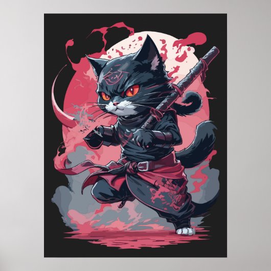 Cool Fire Splash Black Ninja Cat Warrior Poster (Voorkant)