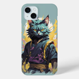Cool Fire Splash Grey Ninja Cat Warrior iPhone 15 Mini Hoesje