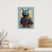 Cool Fire Splash Grey Ninja Cat Warrior Poster (Keuken)