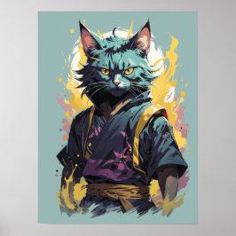 Cool Fire Splash Grey Ninja Cat Warrior Poster