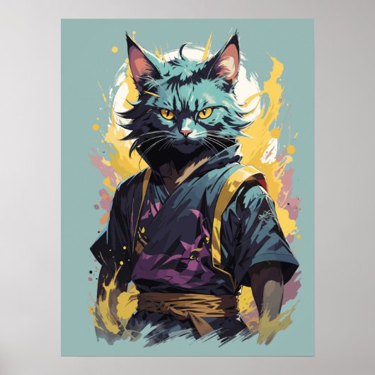 Cool Fire Splash Grey Ninja Cat Warrior Poster (Voorkant)
