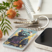 Cool Fire Splash Grey Ninja Cat Warrior Sleutelhanger (Voorkant Rechts)