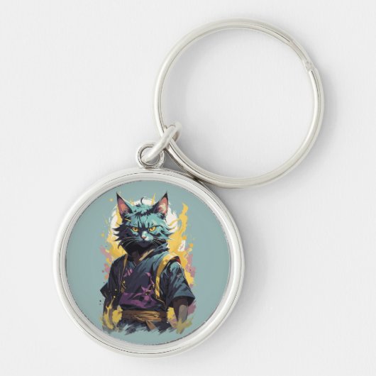 Cool Fire Splash Grey Ninja Cat Warrior Sleutelhanger (Voorkant)