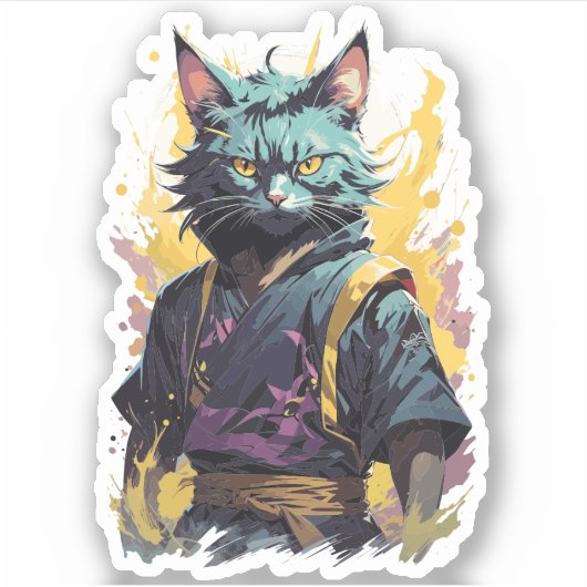 Cool Fire Splash Grey Ninja Cat Warrior Sticker (Voorkant)