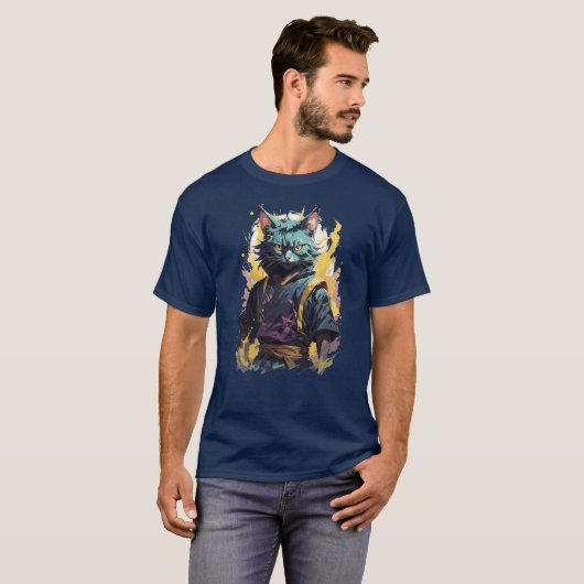 Cool Fire Splash Grey Ninja Cat Warrior T-shirt (Voorkant volledig)